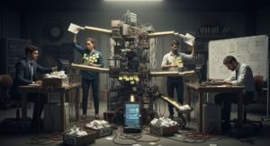 Four office workers feed documents and sticky notes into a chaotic, machine-like contraption labeled with boxes of Jira and PRD. Wires, papers, and clutter surround them, symbolizing the fragmented, manual process of stitching together software logic from scattered tools and handoffs.