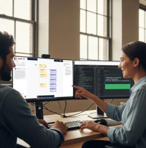 Two colleagues collaborate at a desk with dual monitors. On one screen, Leapter’s visual workflow diagram shows business logic as connected blocks. On the other, code validation confirms successful deployment to production. The woman points at the diagram while smiling, highlighting shared understanding between roles.