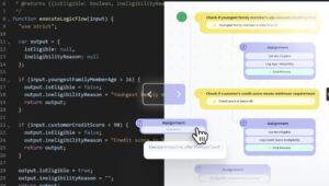 Side-by-side comparison of traditional code and Leapter’s visual blueprint. On the left, JavaScript code checks eligibility rules with if-statements. On the right, the same logic is represented as a flowchart with clear conditions and assignments, showing decisions like age and credit score eligibility in an easy-to-read format.