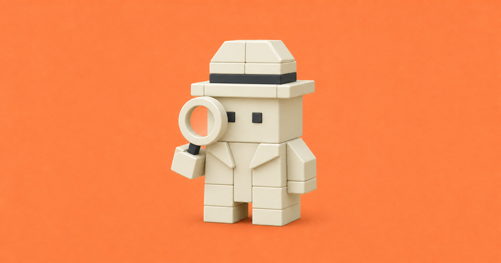 A cream block detective character with a magnifying glass on an orange background, representing AI agent washing investigation