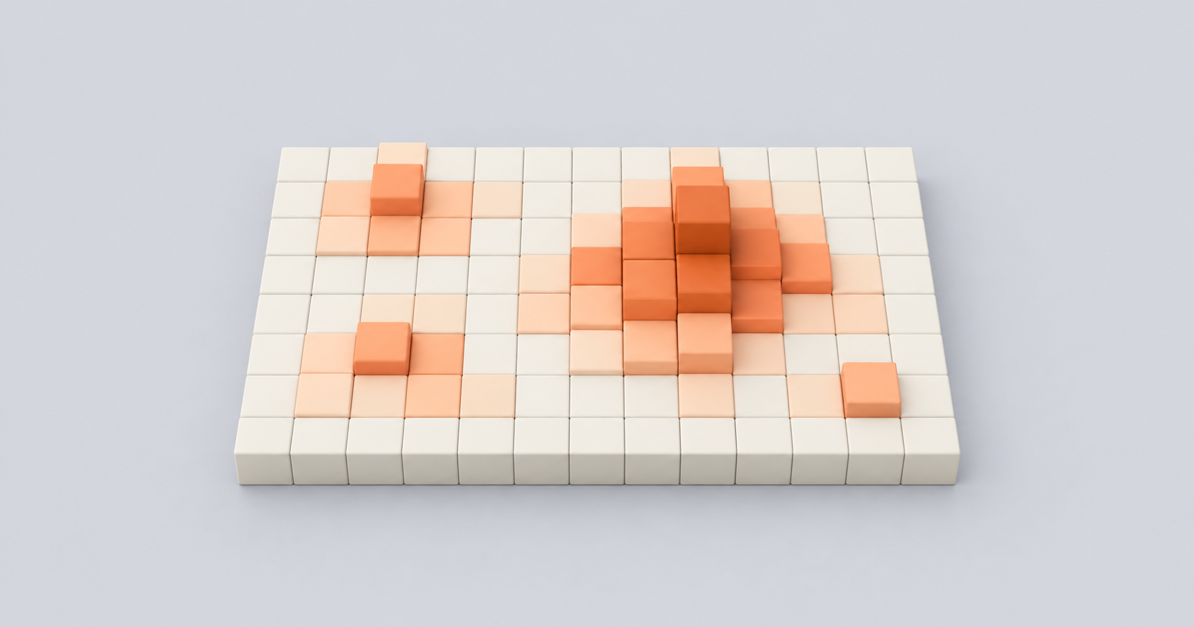 Orange heatmap blocks on a cream grid representing decision-path usage in Leapter