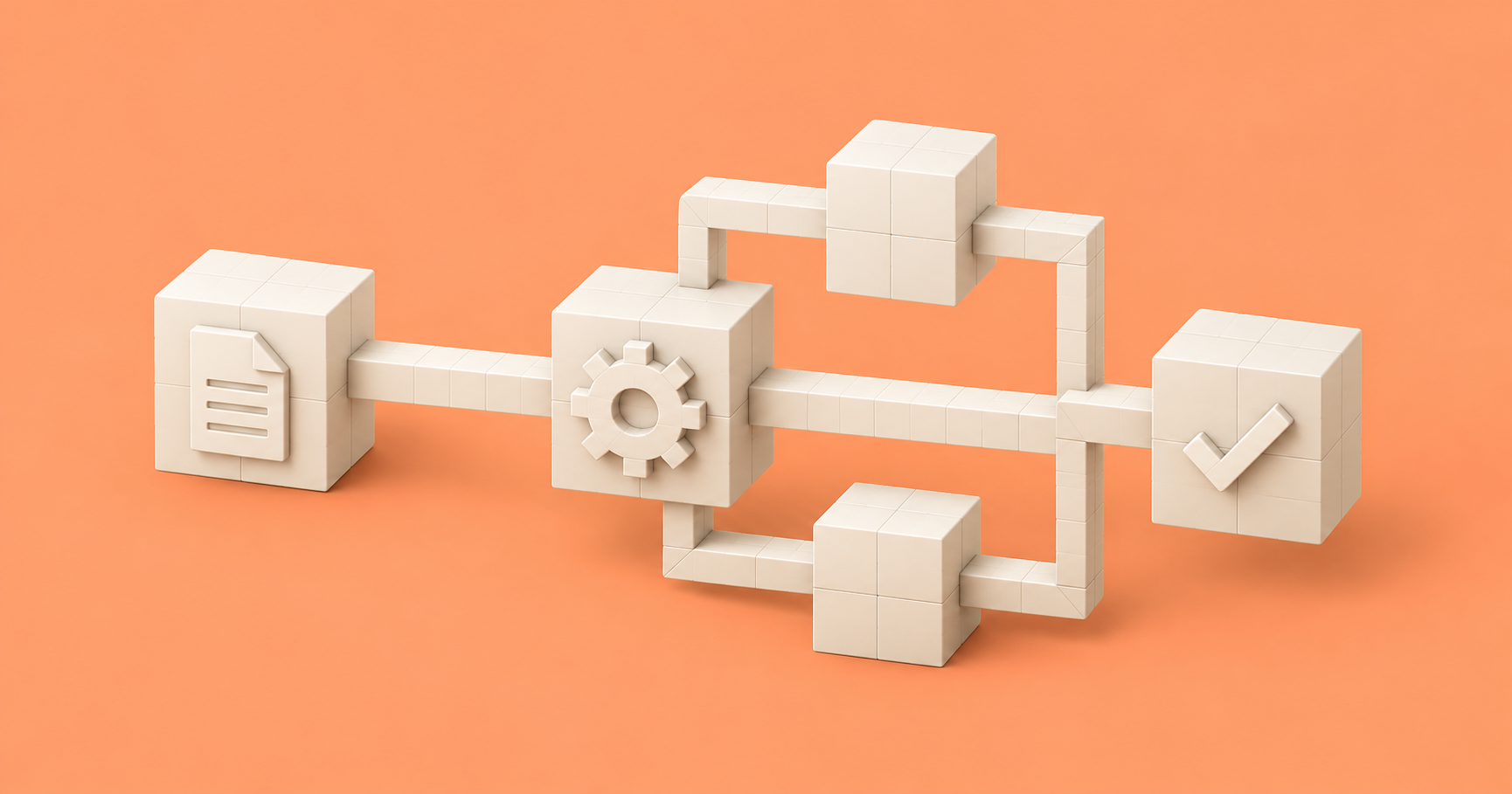 Cream-colored blocks connect a document, decision branches, and an approval checkmark on an orange background.