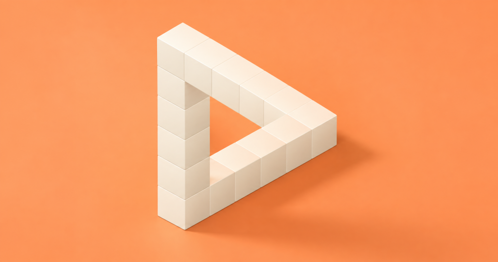 Cream block triangle on an orange background representing executable decision logic