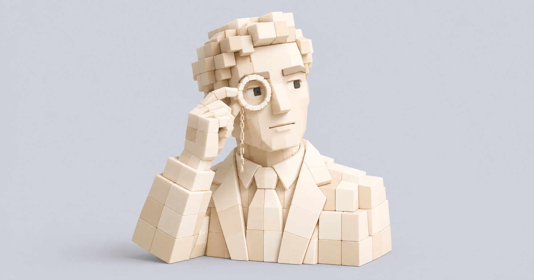 Cream block sculpture of a man inspecting through a monocle against a grey background.