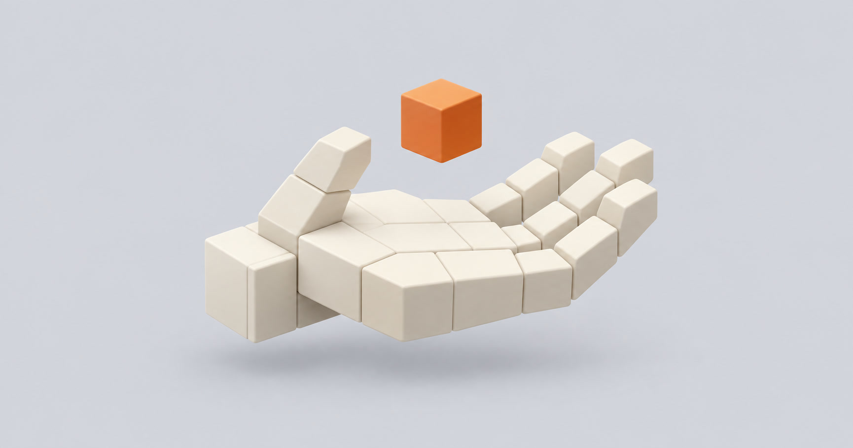 Open hand constructed from cream-colored blocks beneath a floating orange cube on a light gray background
