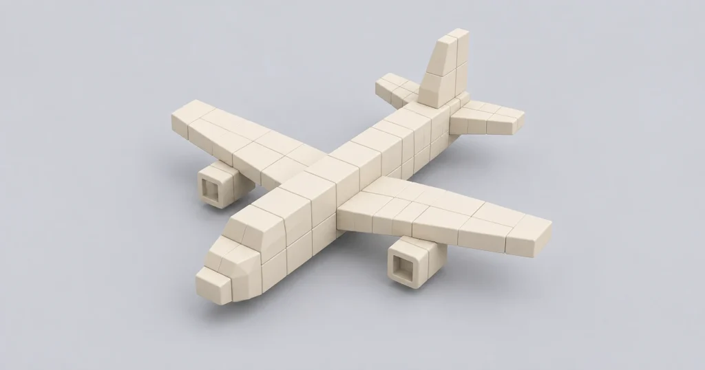 Airplane constructed from cream-colored blocks on a light gray background