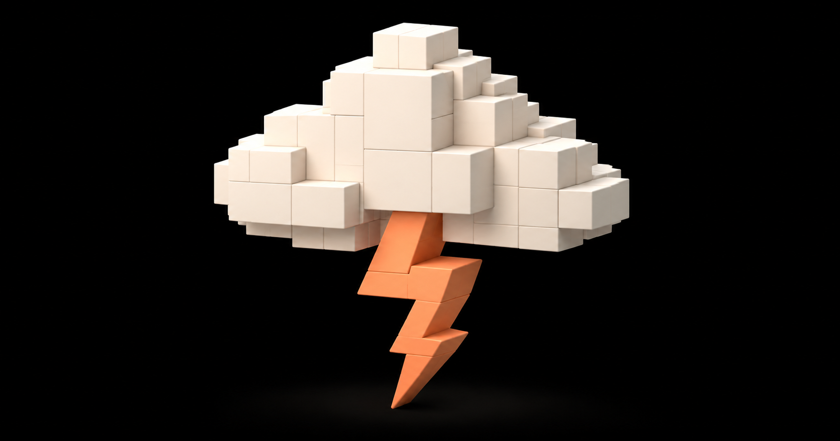 Storm cloud constructed from cream-colored blocks with an orange lightning bolt on a black background